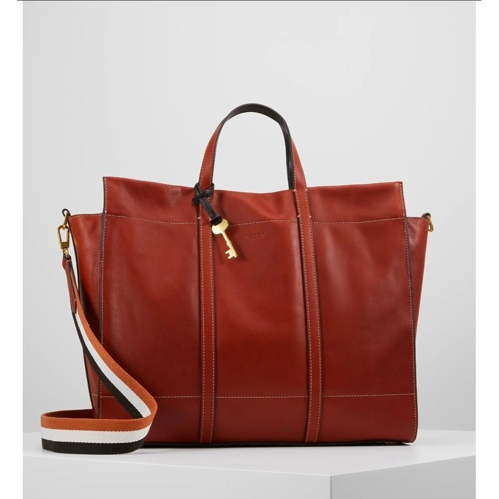 Fossil Brown Leather Tote with Striped Shoulder Strap - Picture 11 of 12